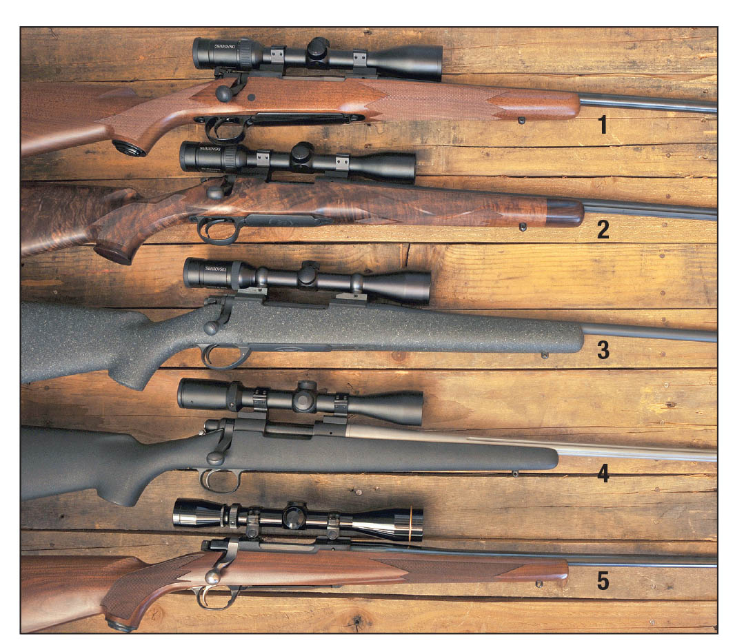 Rifles pictured include (1) a Winchester Model 70 .264 Winchester Magnum with a Swarovski 3-10x 42mm Z3 scope; (2) Remington 700 6.5 Remington Magnum, Swarovski 3-9x 36mm Z3; (3) Nosler 48 6.5-284 Norma, Swarovski 3-10x 42mm; (4) semicustom Remington 700 .260 Remington, Burris 3-9x 40mm Fullfield II; and a Ruger Hawkeye 6.5 Creedmoor, Leupold 3-9x 40mm VX-II.